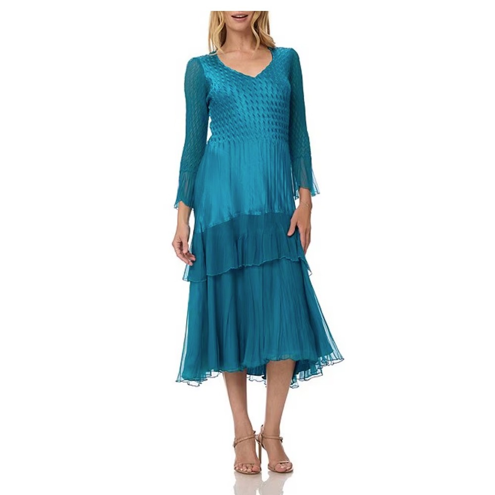 Komarov V-Neck Ruffle Tier Midi Dress Teal Blue Pleated Smocked XL Wedding Guest